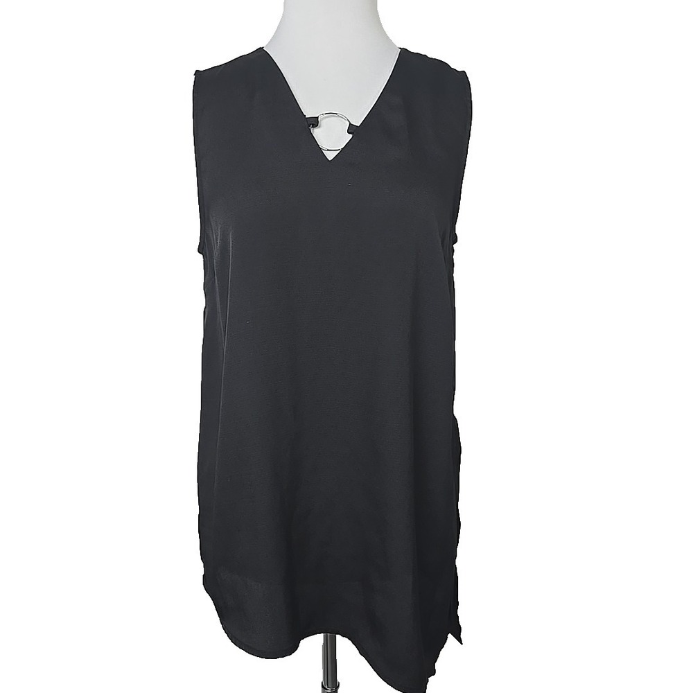 Dana Buckman Black Chiffon V Neck Asymmetrical Hem Sleeveless‎ Top Small S